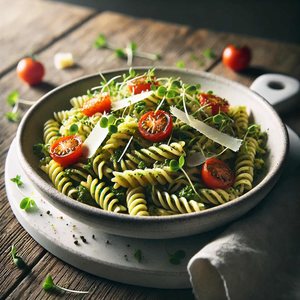 Pasta primavera con microgreens variados